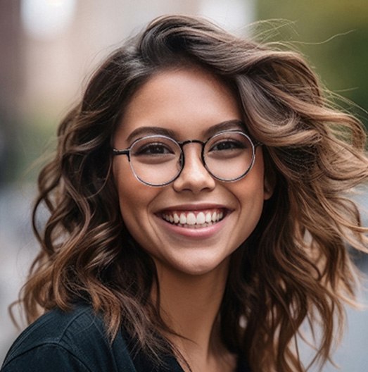 Woman with glasses smiling while walking outside