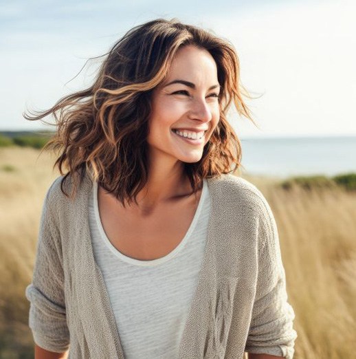 Confident, happy woman walking outdoors