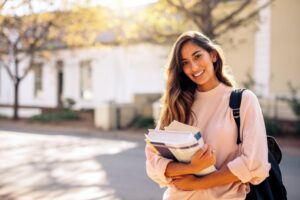 College student with backpack holding books.